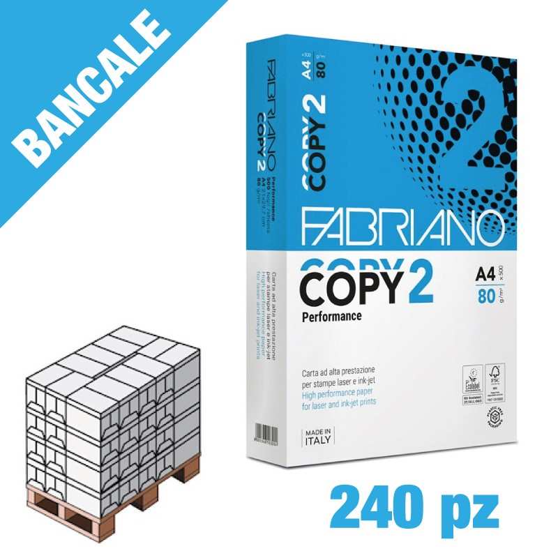 Bancale 250 risme - Fabriano Copy 2 - Formato A4-21x29,7 500ff 80g/m - per ufficio, stampa e fotocopia