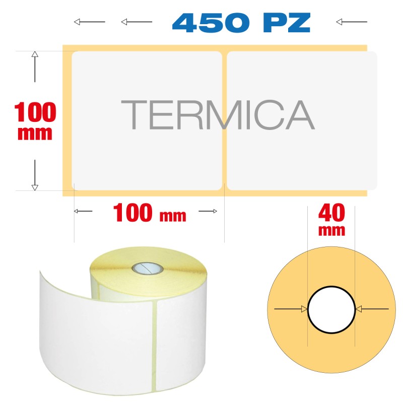 100 x 100 mm, f. 40 - Rotolo n° 450 etichette termiche adesive